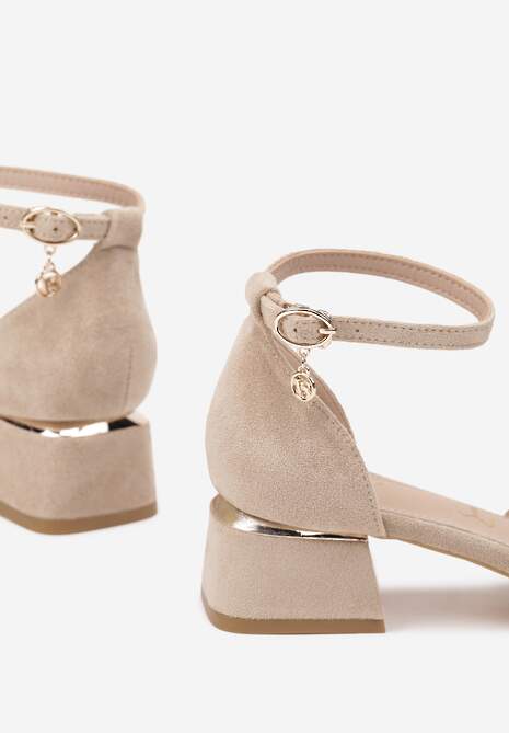 Ciemnobeżowe Czółenka Vices na Słupku z Wkładką ze Skóry Naturalnej i Metaliczną Ozdobą Velori