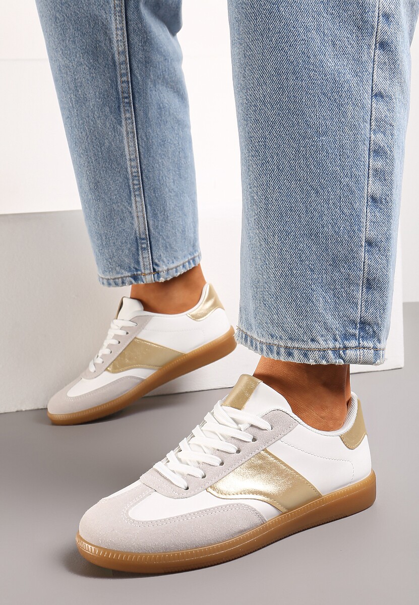 Biało-Złote Sneakersy Tenisówki z Klasycznym Sznurowaniem Norio