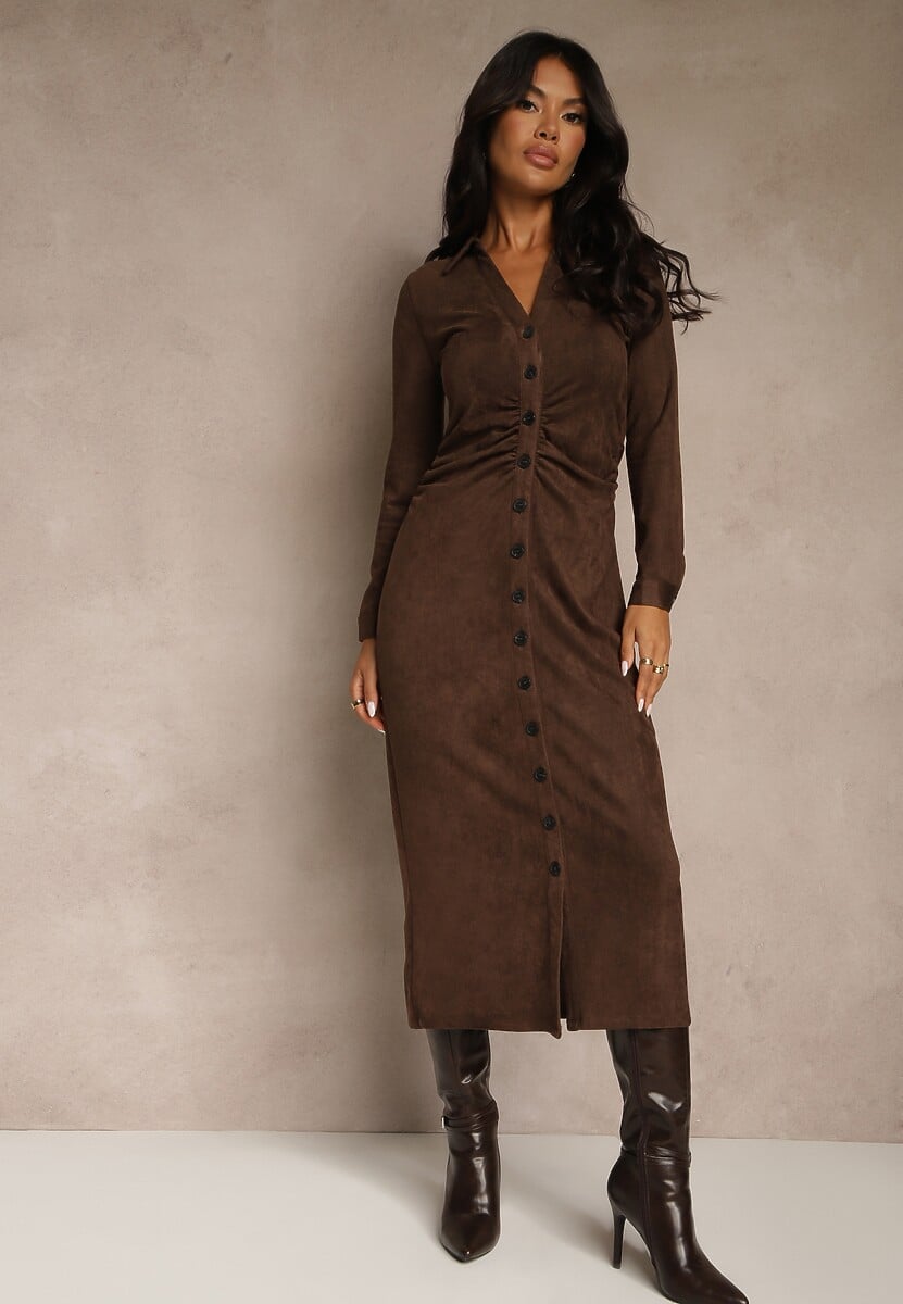 Bordowa Marszczona Sukienka z Imitacji Zamszu o Koszulowym Kroju Esora