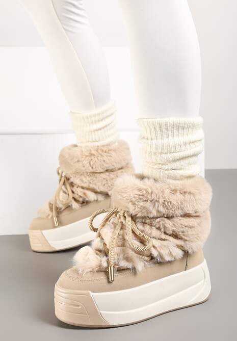 Ciemnobeżowe Futerkowe Śniegowce Wsuwane na Platformie z Imitacją Sznurówek Linettia