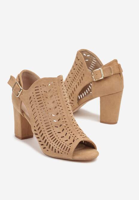 Ciemnobeżowe Sandały Vices na Słupku z Ażurowym Wzorem Klamrą i Wycięciem Feliyra