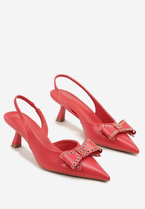 Czerwone Czółenka Sandały Vices na Kaczuszce Slingback z Kokardą i Nitami Fennadia