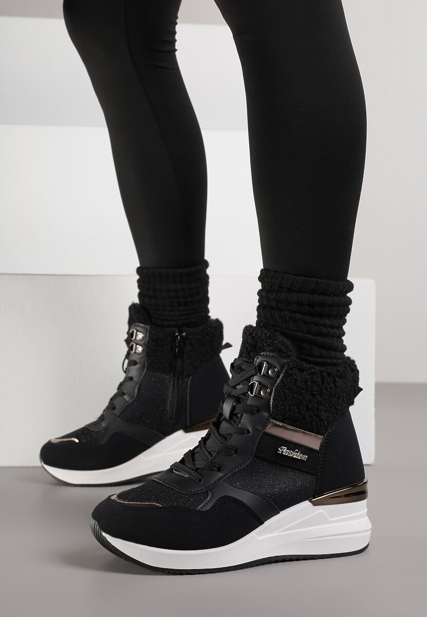 Czarne Sneakersy na Koturnie z Wysoką Cholewką Ozdobione Brokatem Sinthera