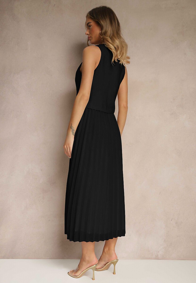 Czarna Wiskozowa Sukienka z Plisami i Wszytą Kamizelką Silitha