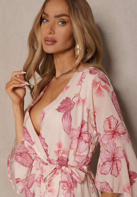 Różowa Asymetryczna Sukienka z Bawełny z Kopertowym Dekoltem i Wiązanym Paskiem Nitilira