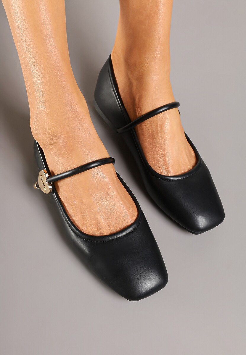 Czarne Balerinki z Kwadratowym Noskiem i Ozdobną Sprzączką Neovia
