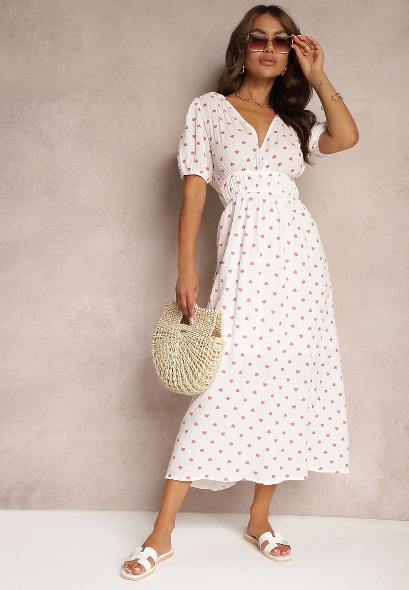 Biała Taliowana Sukienka z Bawełny z Gumką w Talii i Odkrytymi Plecami Wedrea