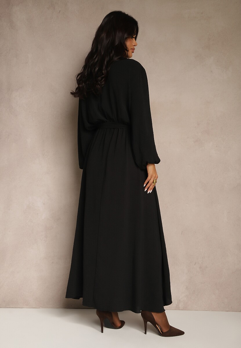 Czarna Asymetryczna Koktajlowa Sukienka z Wiskozą Kopertowym Dekoltem i Paskiem Laniea