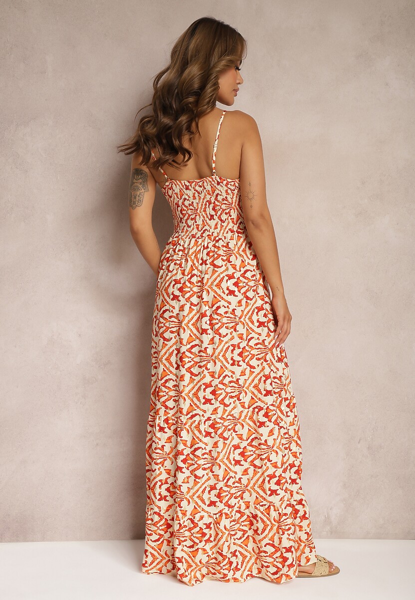 Pomarańczowa Sukienka z Bawełny na Ramiączkach z Gumką w Talii i Haftem Vikanda