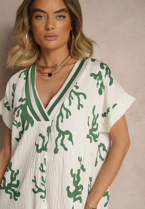 Zielono-Beżowa Pudełkowa Sukienka z Wiskozą i Lnem Sadeone