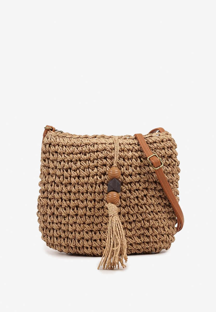 Beżowa Pleciona Torebka z Frędzlami Tirauri