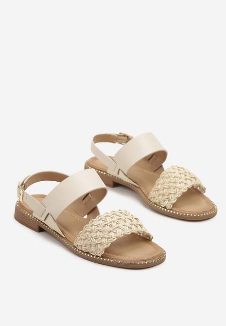 Beżowe Sandały Ozdobione Plecionym Paskiem z Przodu Kolithiela
