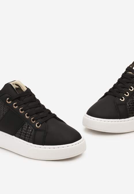 Czarne Sznurowane Sneakersy z Ekoskóry z Plecionką i Metaliczną Wstawką Josephina