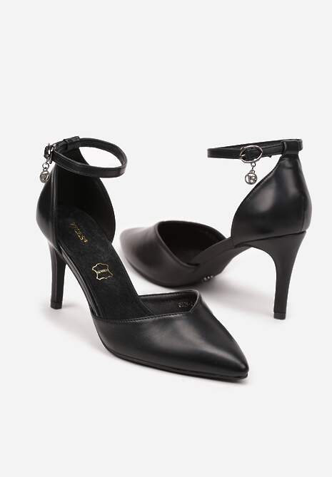 Czarne Szpilki Vices z Wkładką ze Skóry Naturalnej i Ozdobnym Paskiem Korori