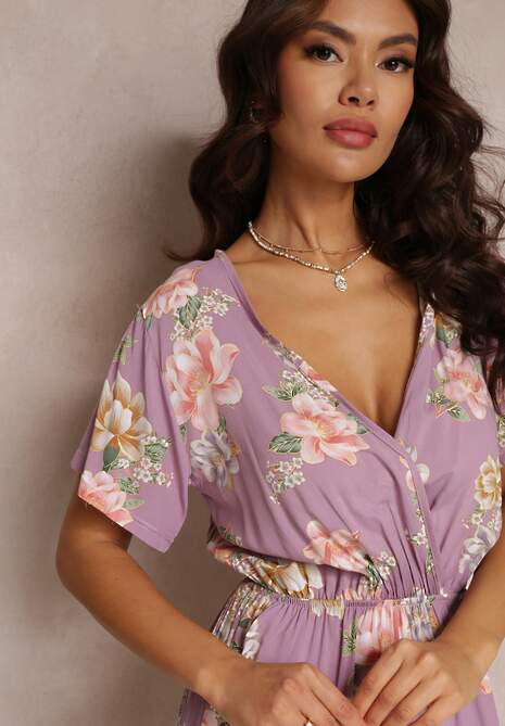 Różowy Kopertowy Kombinezon w Kwiaty z Gumką w Talii  Jazila