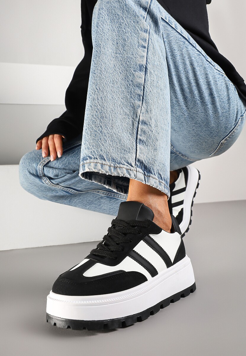 Czarno-Białe Sneakersy na Tłoczonej Platformie z Ozdobnymi Paskami Fonivena