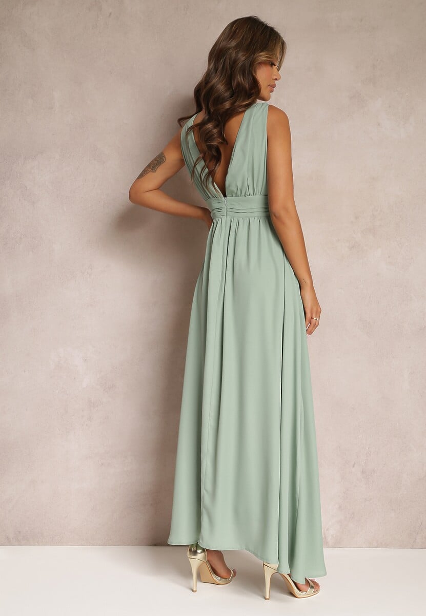Miętowa Rozkloszowana Sukienka Maxi na Ramiączkach z Rozcięciem Ernames