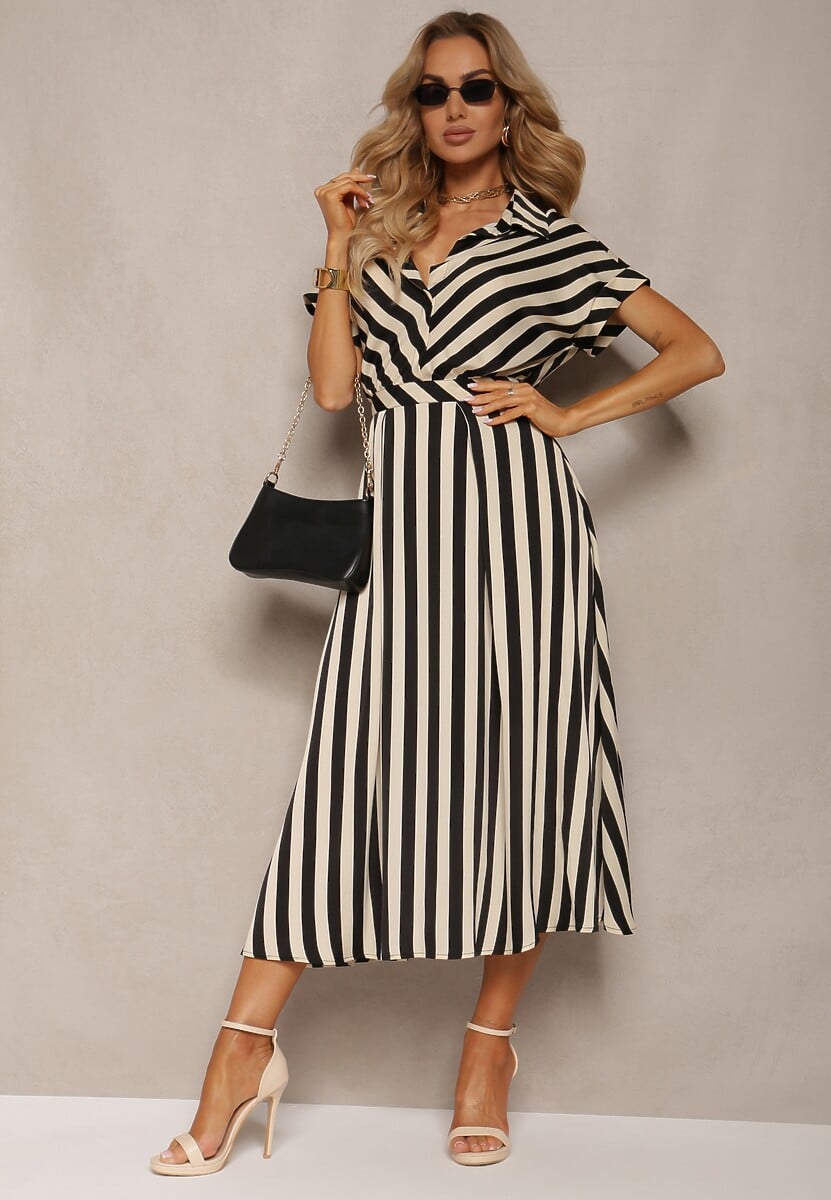 Beżowo-Czarna Rozkloszowana Sukienka z Gumką w Talii i Guzikami z Printem w Paski Jentia