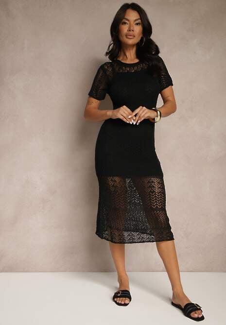 Czarna Taliowana Sukienka z Wiskozą z Ażurowym Wzorem Anelvia