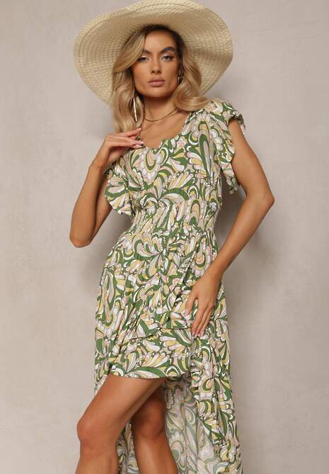 Ciemnozielona Sukienka Boho z Gumką w Pasie i Asymetrycznym Dołem z Wiskozy Anorissa