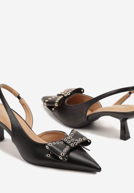 Czarne Sandały Slingback na Kaczuszce Zdobione Kokardą z Nitami Rizonna