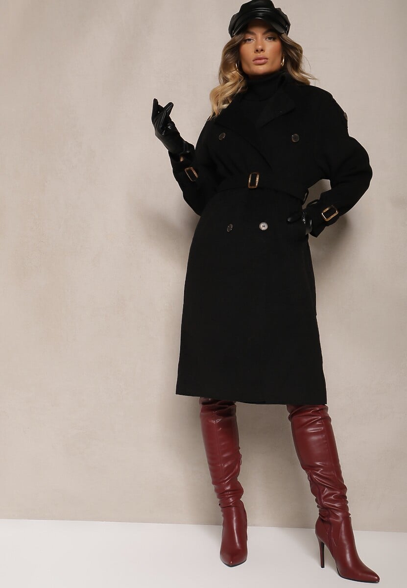 Beżowy Dwurzędowy Płaszcz Trencz o Eleganckim Kroju z Paskiem Edioneta