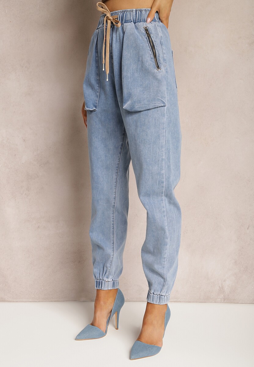 Niebieskie Jeansy Joggery Zapinane na Suwak ze Ściągaczami i Gumką w Pasie Castania