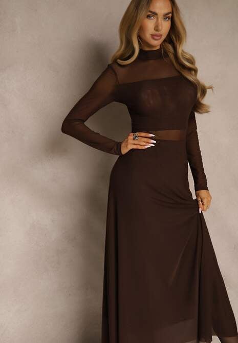 Brązowa Rozkloszowana Sukienka Longsleeve z Siateczki z Dodatkiem Wiskozy Eprella