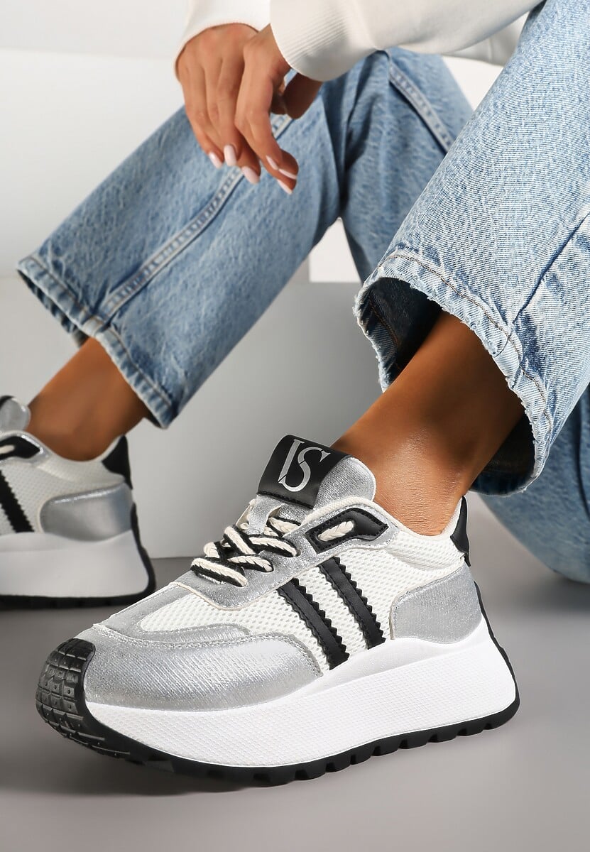 Biało-Srebrne Sneakersy Vices na Platformie z Metalicznymi Paskami Lenela