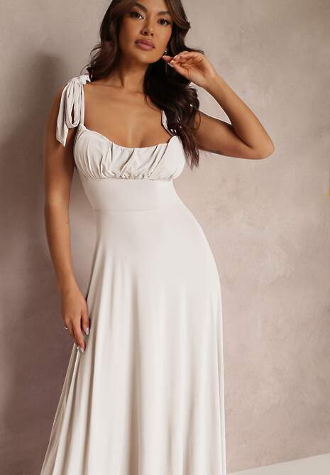 Jasnobeżowa Długa Sukienka z Marszczonym Dekoltem i Wiązanymi Ramiączkami Rozvita