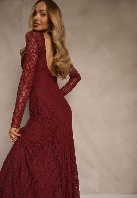 Bordowa Elegancka Sukienka z Koronki z Odkrytymi Plecami Lilafera