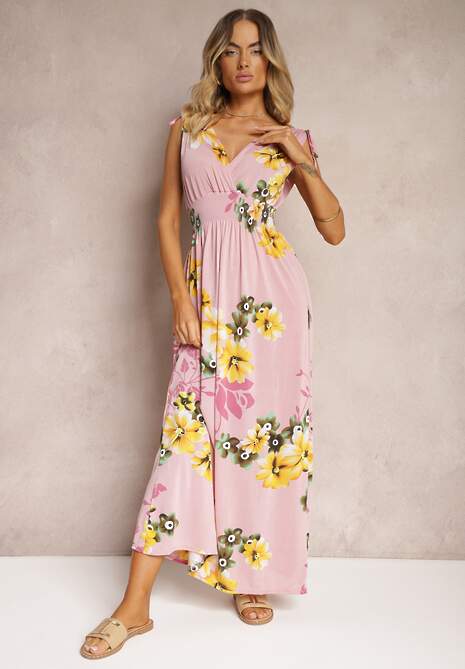 Różowa Sukienka z Wiązanymi Ramiączkami w Kwiatowy Print o Rozkloszowanym Fasonie Talloa