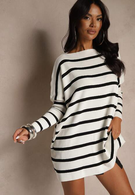 Biały Oversizowy Sweter z Rękawami o Fasonie Nietoperz i Wzorem w Paski Eistauma