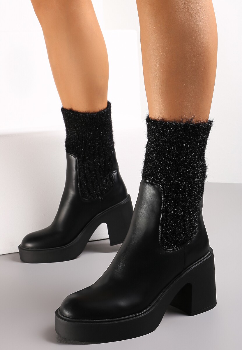 Czarne Botki z Wywijaną Pluszową Cholewką Elssane