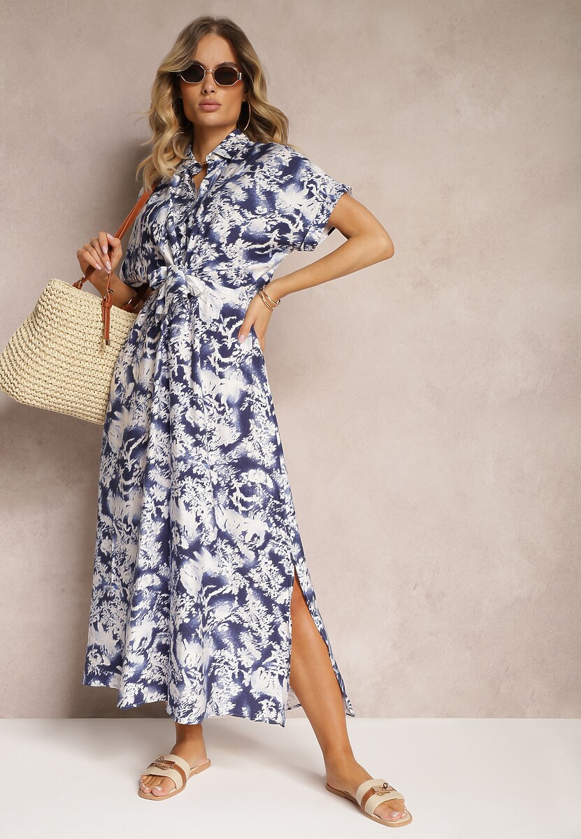 Niebiesko-Biała Sukienka Taliowana z Gumką w Talii Nasilena