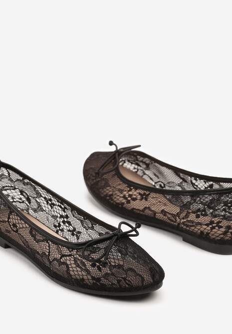 Czarne Koronkowe Balerinki Zdobione Delikatną Kokardką Senariana