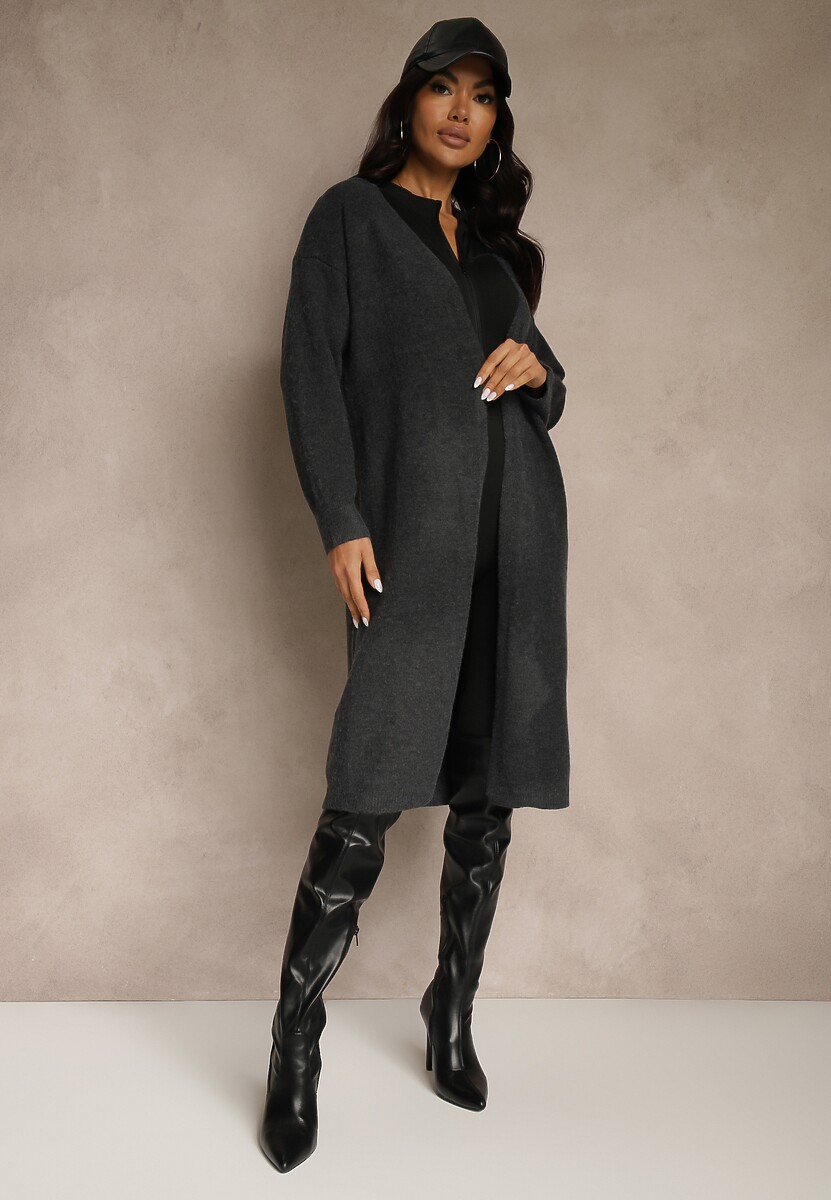 Ciemnoszary Niezapinany Kardigan z Wełną o Długim Kroju Mevidalla