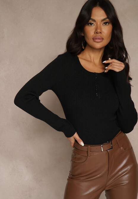 Czarny Gładki Sweter z Wiskozą z Metaliczną Nicią i Guzikami przy Dekolcie Lilivea