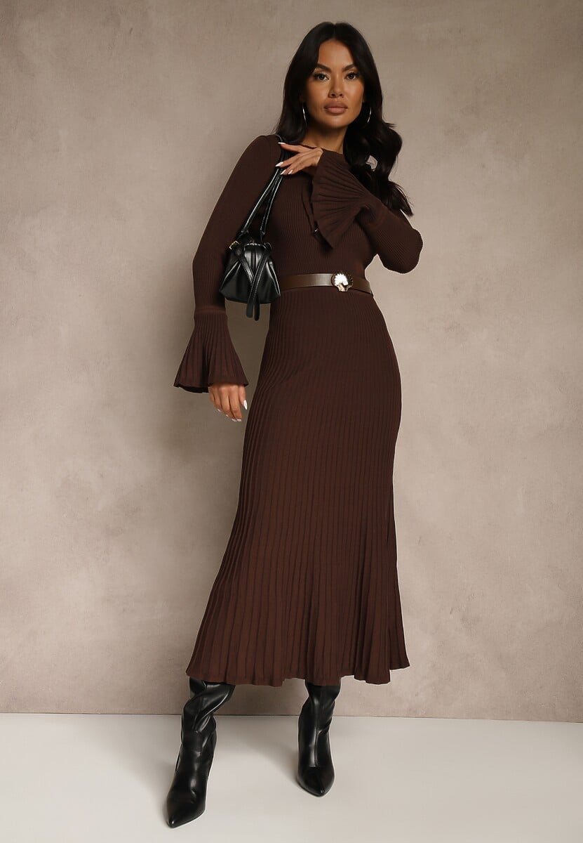 Czarna Sweterkowa Sukienka Longsleeve z Wiskozą z Paskiem z Klamerką Muszelką Retine