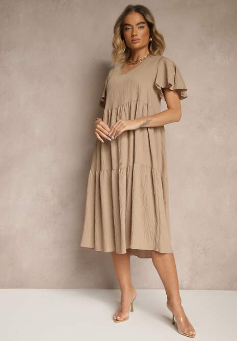 Beżowa Rozkloszowana Sukienka z Wiskozy z Dekoltem w Serek Natasella