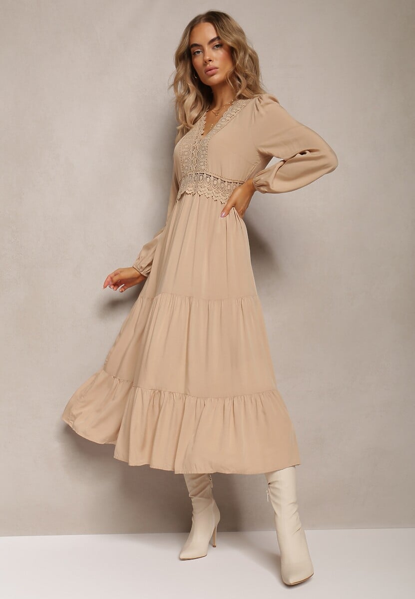 Beżowa Sukienka Rozkloszowana z Falbanką i Koronką Kiaya