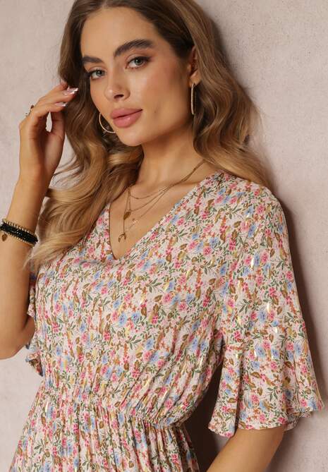 Biało-Różowa Wiskozowa Sukienka Midi w Kwiaty z Gumką w Talii i Falbanką Nothy