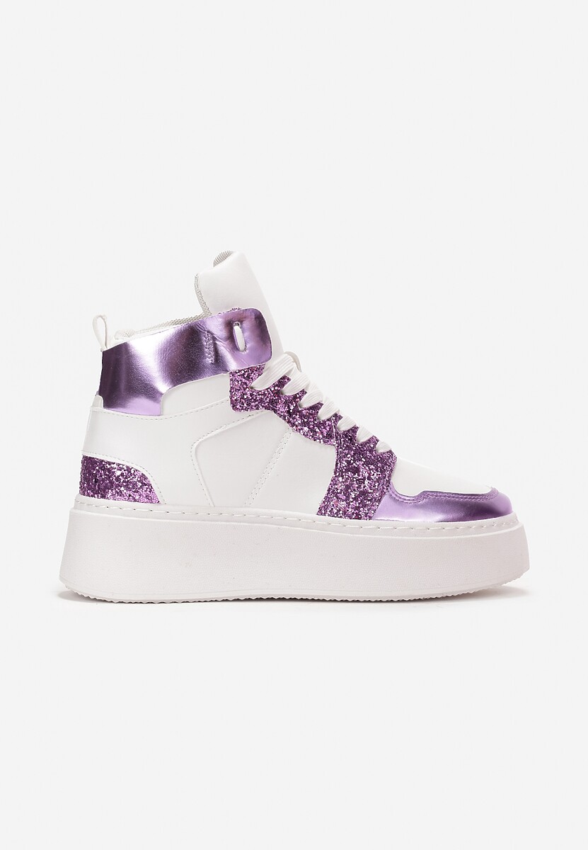 Biało-Fioletowe Sznurowane Sneakersy za Kostkę z Brokatem i Metalicznymi Wstawkami Sareena