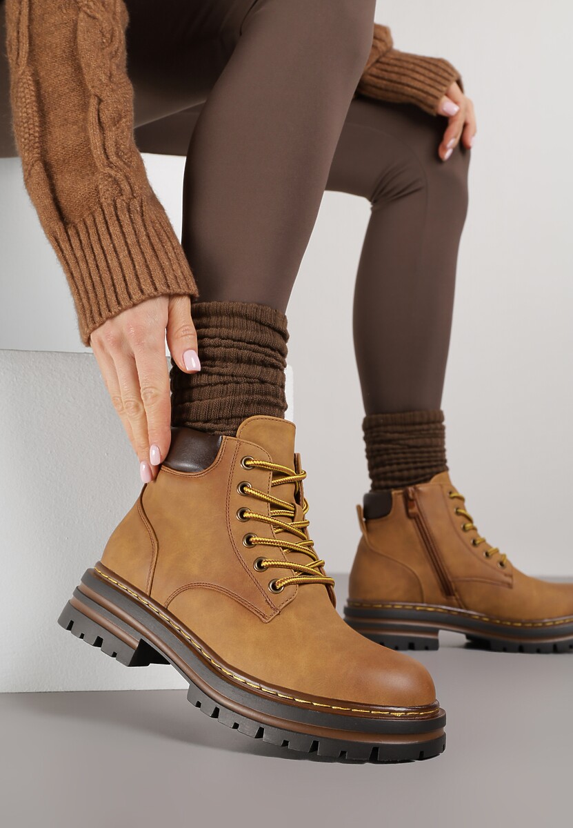 Brązowe Traperki z Ociepleniem i Sznurowaniem Almudena