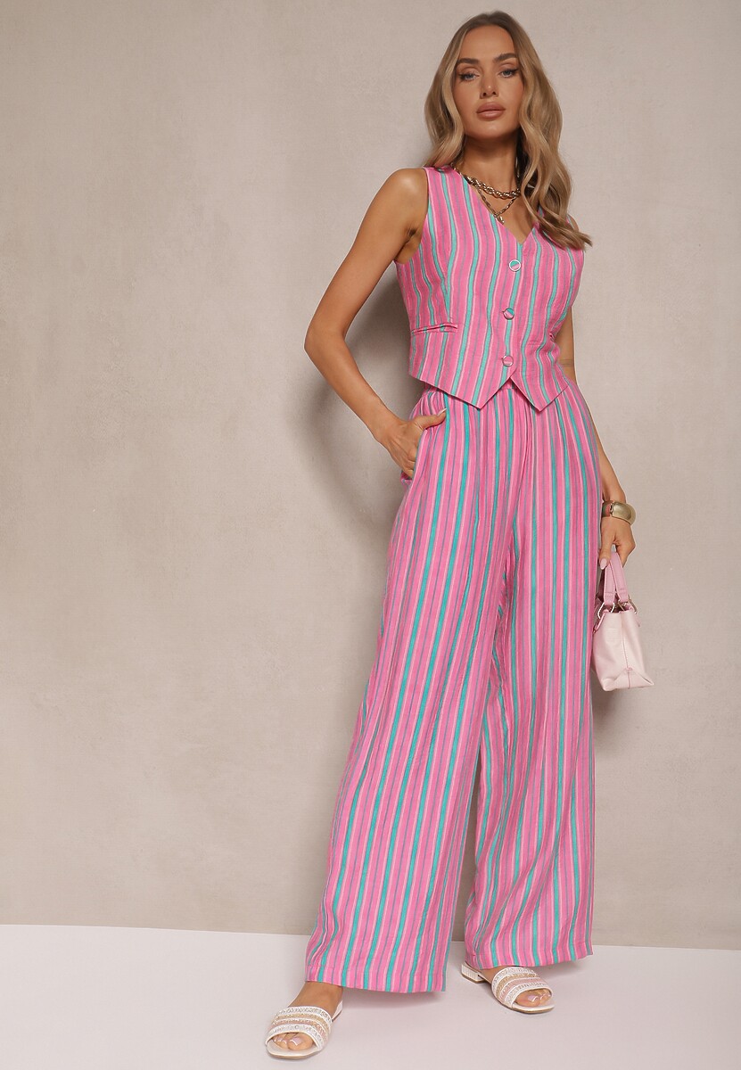 Różowe Prążkowane Spodnie High Waist o Szerokim Kroju z Gumką i Wiązaniem w Talii Helzeki