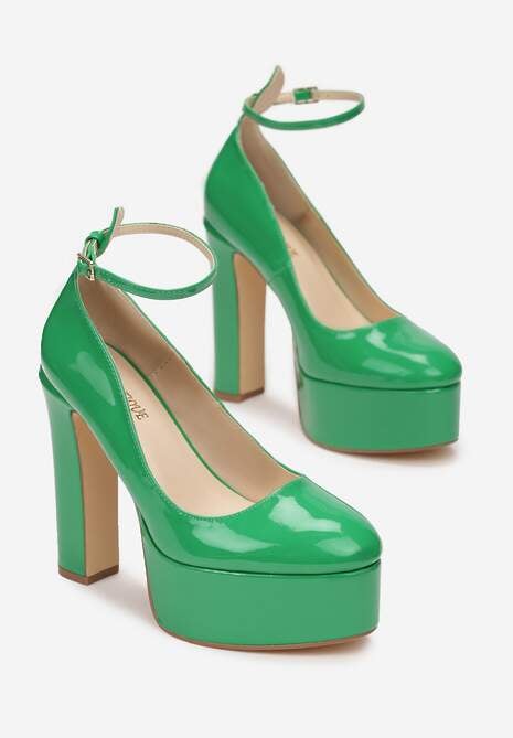 Zielone Czółenka Na Słupku i Platformie z Lakierowanym Wykończeniem Emersen