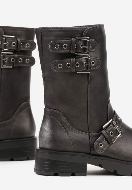 Srebrne Botki Bikery na Płaskiej Podeszwie z Klamrami Erissiana