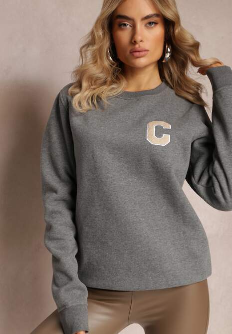 Szara Bluza z Naszywką o Fasonie Zakładanym Przez Głowę Esemia