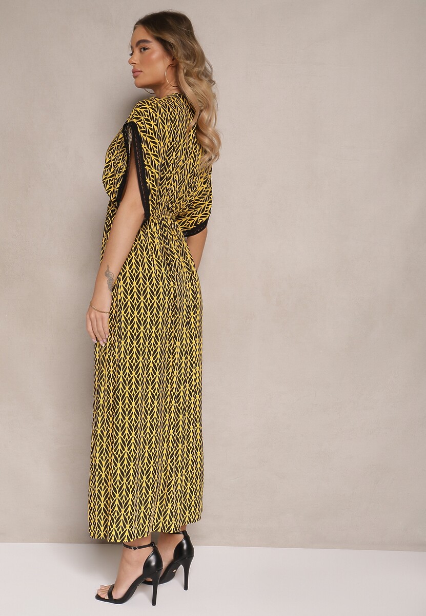 Żółta Sukienka Rozkloszowana z Bawełny Wykończona Koronką Lanadria