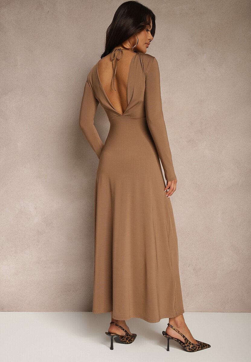 Brązowa Sukienka z Wiskozą o Rozkloszowanym Kroju z Wycięciem na Plecach Isollina